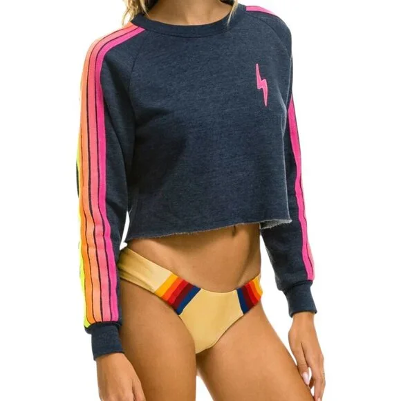 Aviator Nation Bolt Embroidery Cropped Sweatshirt Heather Navy Neon Stripes S - Picture 3 of 11